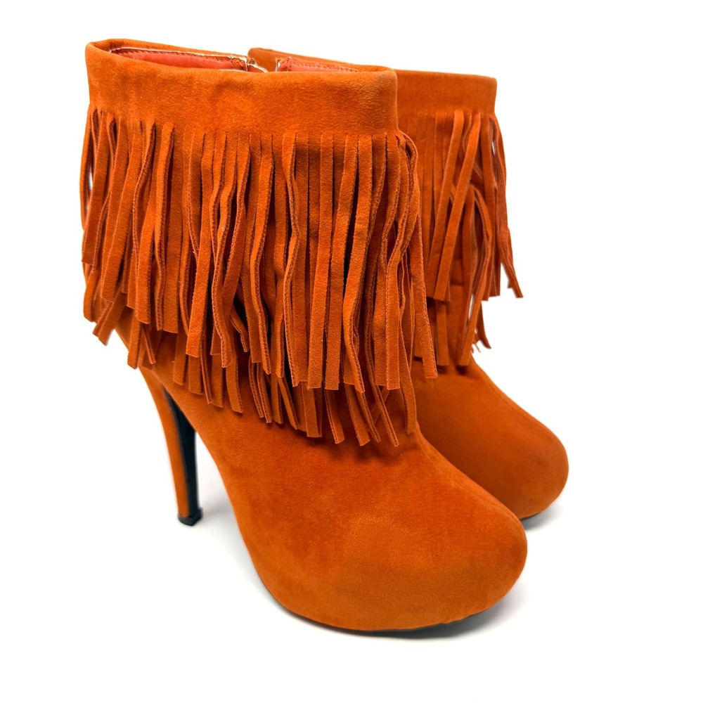 Delicacy Orange Faux Suede Fringe Stiletto Heel Ankle Boots Women's‎ Size 7 - Picture 4 of 12